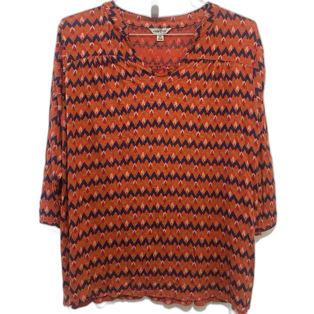 Lucky Brand Plus Size 2X Boho Chevron Print Blouse Top Orange Red Navy Viscose